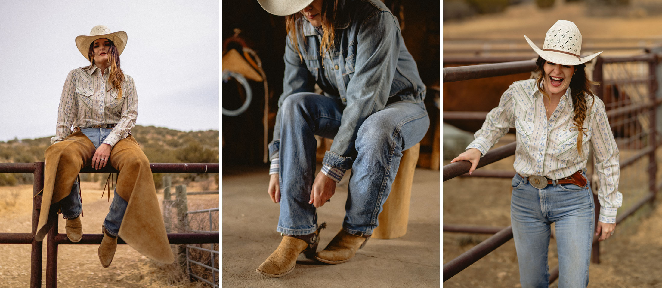 A photo montage of a woman wearing Jenna X Justin western boots.